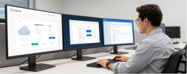 Cloud dashboards on computer screens